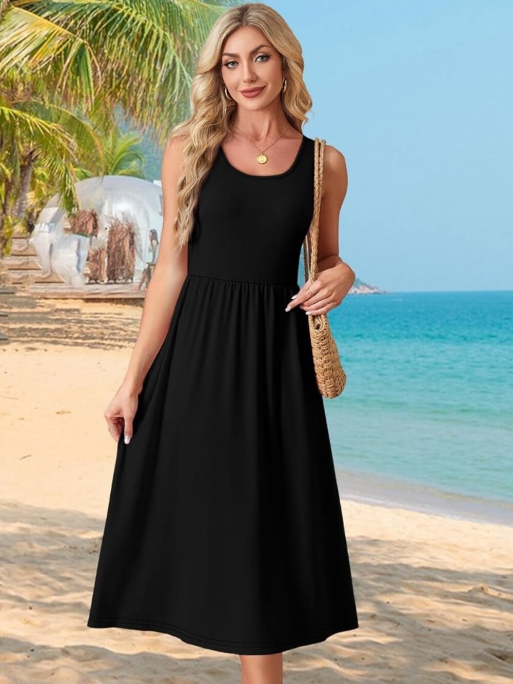 Dresses for Women Flowy Casual Midi Dress Beach Vacation Sundresses with Pockets